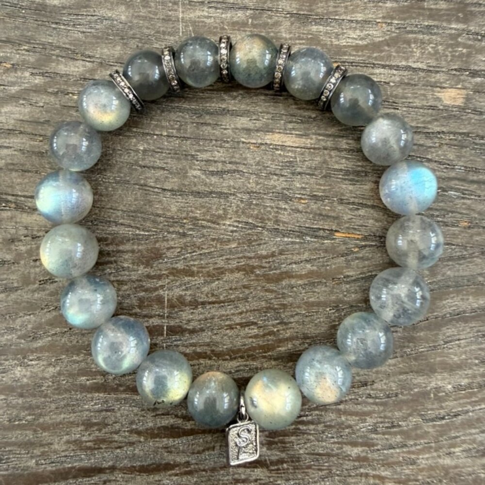 Sheryl Lowe 8mm Round Labradorite and Diamond Rondelle Bracelet w/pouch